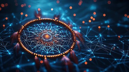 Glowing dreamcatcher on digital network, abstract background.