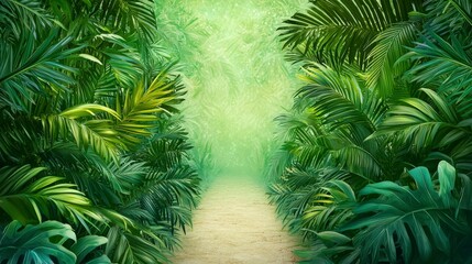 Fototapeta premium Lush Green Tropical Pathway Surrounded by Vibrant Foliage in a Relaxing Environment