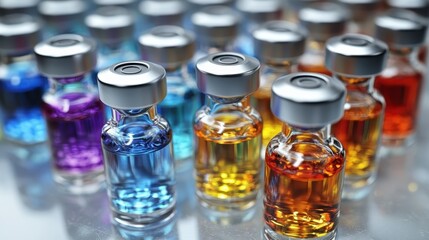 Colorful vials of liquid medicine in a row.