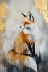 Obraz premium vertical abstract oil acrylic painting on canvas red fox, black and gold textured rough brushstrokes background