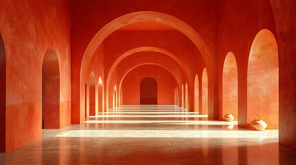 Obraz premium Red arched hallway with sunlight and pottery.