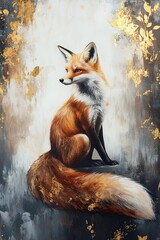 Obraz premium vertical abstract oil painting of red fox on canvas, acrylic texture with gold leaf, rough brushstrokes background