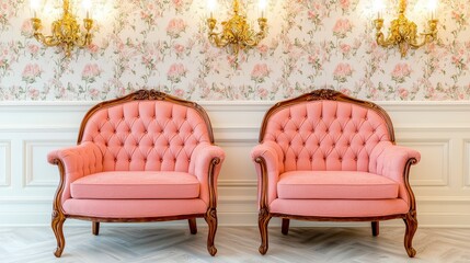 Fototapeta premium Elegant Pink Upholstered Armchairs in Classic Vintage Interior with Floral Wallpaper