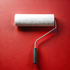 Obraz premium a white roller on a long red handle paints the wall