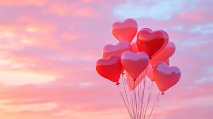 Fototapeta premium Heart shaped balloons float against a sunset sky
