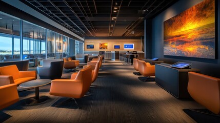 A high-tech business lounge with interactive displays, comfortable seating, and contemporary art.