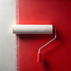 Fototapeta premium a white roller on a long red handle paints the wall