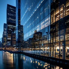 Fototapeta premium corporate office complex with expansive glass panels reflecting city�s skyline at night