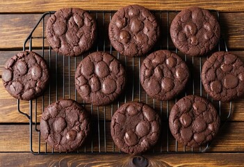 Obraz premium A stack of chocolate flour cookies on a rustic wooden background