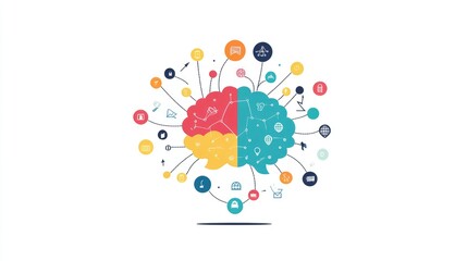 a creative mind map chart clipart, brainstorming process element, colorful connected nodes, flat design, isolated on white background 
