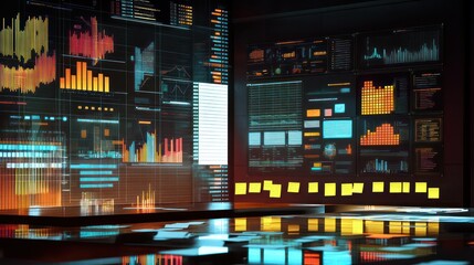 A high-tech collaborative meeting space with diverse sticky notes, digital boards, and business charts.