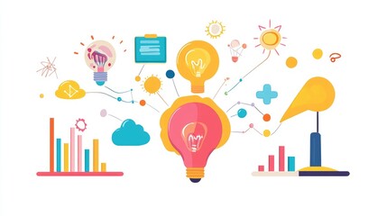 a creative mind map chart clipart, brainstorming process element, colorful connected nodes, flat design, isolated on white background 