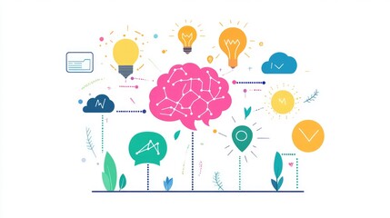 a creative mind map chart clipart, brainstorming process element, colorful connected nodes, flat design, isolated on white background 