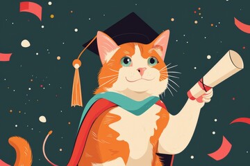 Graduating cat with diploma and cap