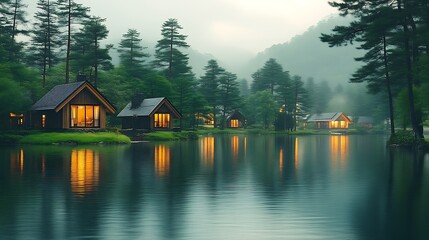 Fototapeta premium Illuminated Cabins Nestled Beside Serene Forest Lake