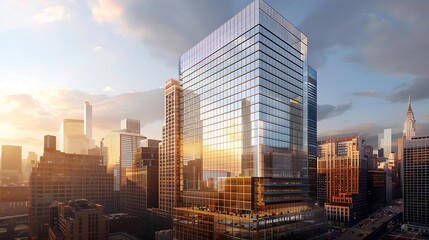 Fototapeta premium skyscraper with bold glass facade and daylight reflecting off building�s surface