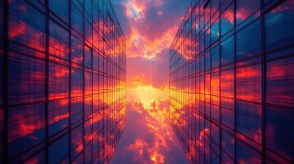 A striking view between two skyscrapers, showcasing a vibrant sunset reflected in glass, with dramatic clouds and colors.