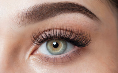 Obraz premium A close-up of a human eye. The eye is accentuated with long, dark eyelashes and a light-colored eyelid makeup. 