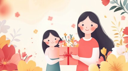Smiling Mother and Daughter Giving Gift, Flower Background, Mother's Day