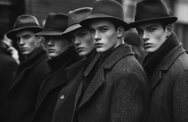 Obraz premium Elegant models showcasing classic fashion in a black and white ensemble during a fashion event on a bustling city street