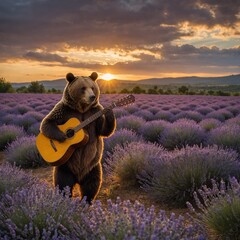A bear with a guitar walking through a field of lavender, with a sunset casting golden light on the landscape.
