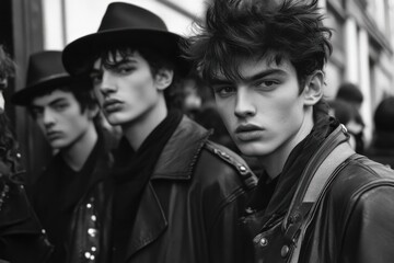 Obraz premium Striking figures in dark fashion display urban chic against a muted backdrop during a lively fashion event