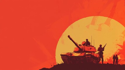 Soldiers by Tank at Sunset - Wartime Silhouette