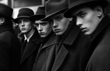 Obraz premium Stylish men in elegant hats and coats showcase timeless fashion in a vintage urban setting during a bustling event