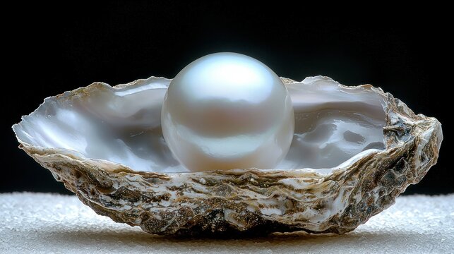 Glowing pearl in oyster shell on sand, dark background.