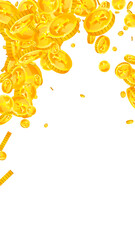 Japanese yen coins falling. Scattered gold JPY
