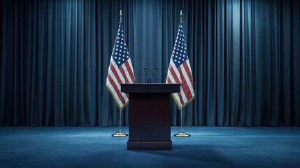 Setting the stage for a significant address in front of the American flag with a microphone ready for the speaker