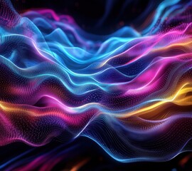 Fototapeta premium This captivating abstract artwork showcases intertwining strands of blue, pink, and orange light against a dark background, creating a mesmerizing visual experience that evokes dynamism and energy.