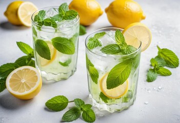 Fototapeta premium A refreshing mojito cocktail with lemon and mint, surrounded by ice cubes on a light background.