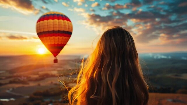 A young child stands on a hillside, mesmerized by a vibrant hot air balloon soaring against a stunning sunset. The sky is painted in warm hues, creating a magical atmosphere.