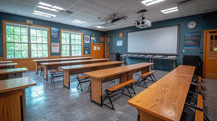 Empty classroom with wooden desks, projector, and large screen.