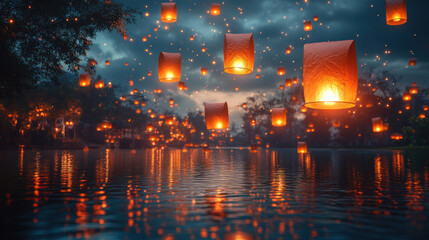 A Diwali festival of lights with lanterns floating in the air and a glowing ambiance