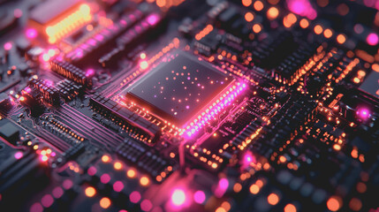 Obraz premium Futuristic Computer Processor Illuminated with Vibrant Pink Lights Showcasing Advanced Technology and Intricate Circuitry in a Sleek and Modern Digital Environment