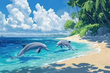 Two Dolphins Leap Joyfully Near Tropical Beach