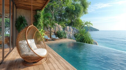 Wooden Terrace with Hanging Chair and Sea View – Tropical Beach House Design