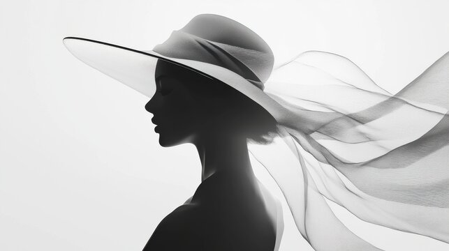 Ethereal silhouette of a woman in a flowing hat against a soft light backdrop, capturing elegance and grace