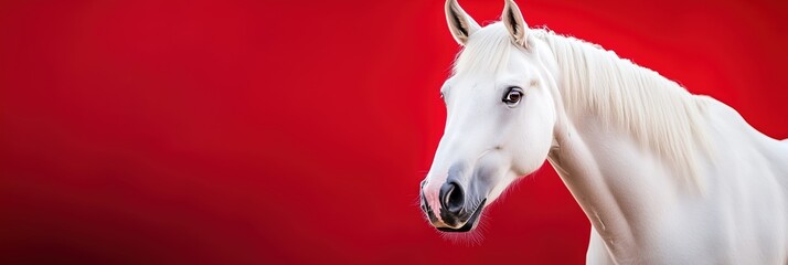 Majestic White Horse Portrait on Red Background
