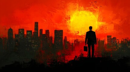 Obraz premium Silhouetted Businessman with Briefcase Overlooking Dramatic City Skyline Ambition and Success Concept