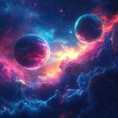 Obraz premium Exploring cosmic wonders planets and nebulas in a vibrant galaxy digital art outer space surreal viewpoint