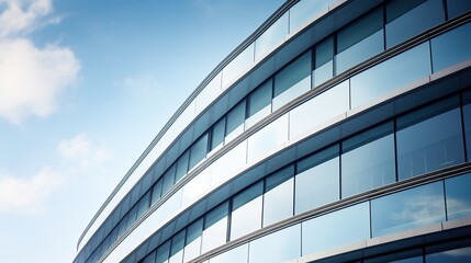 Obraz premium A modern building with curved glass architecture reflecting the sky, showcasing sleek lines and contemporary design.
