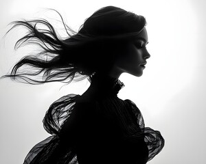 Fototapeta premium Elegant Silhouette of a Woman in Flowing Dress Twirling in the Wind