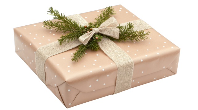 Rustic brown gift box adorned with a fresh green branch, festive image for seasonal celebrations