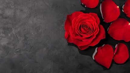 Single red rose and scattered petals on dark background.