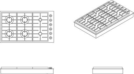vector sketch illustration of the silhouette of a gas and electric stove design looking from various sides.eps