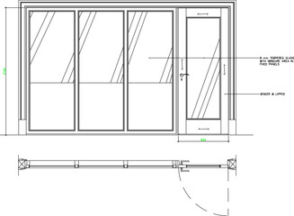 vector sketch illustration of the silhouette of a modern door design with a size scale.eps