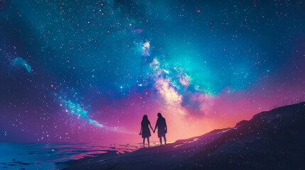 Fototapeta premium Young Romance Under Milky Way Galaxy Illustration, Couple Holding Hands Stargazing Night Sky, Romantic Dreamy Evening Landscape